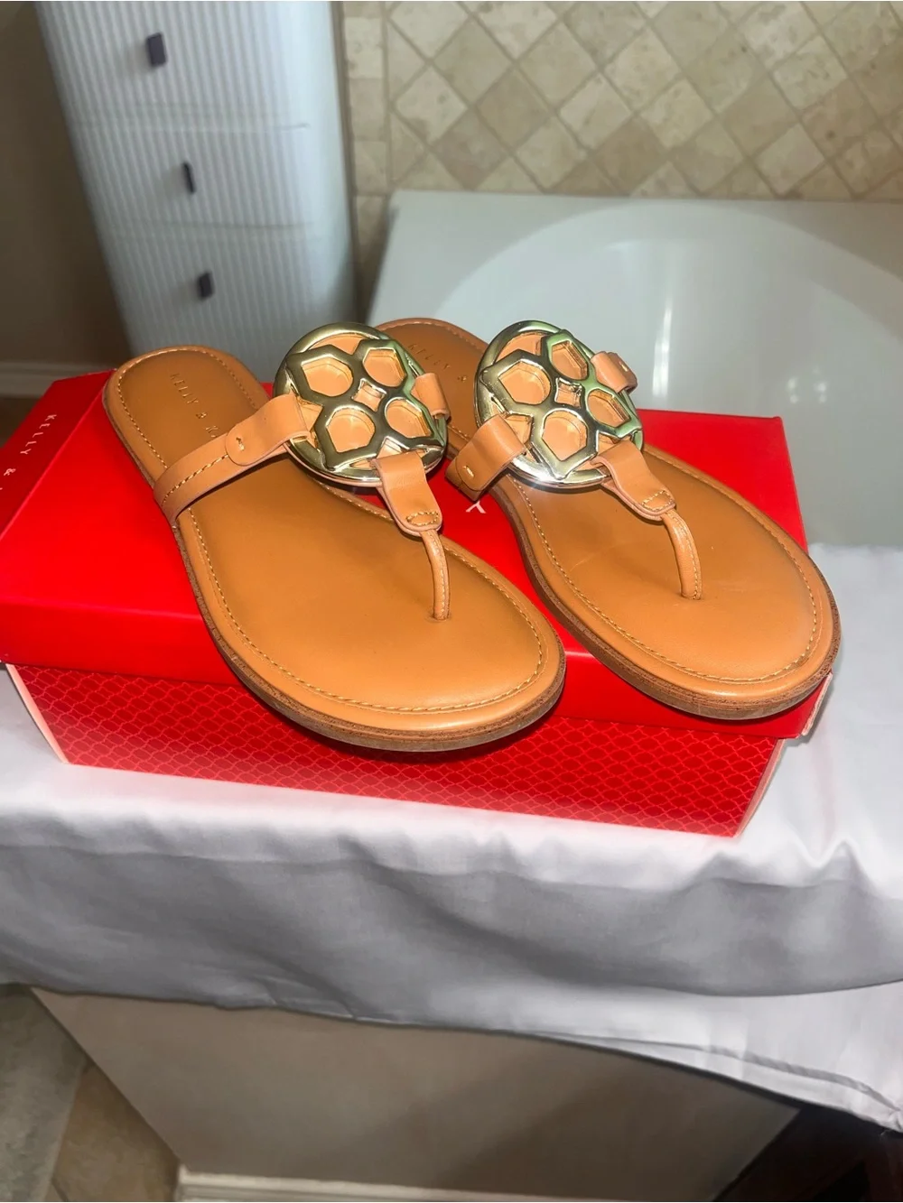 Kelly & Katie Tan Leather T-Strap Sandals with Gold Medallion